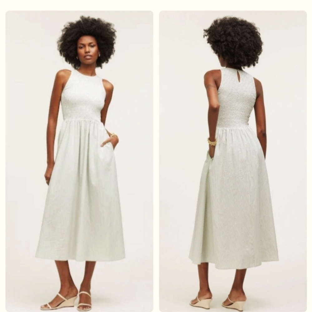 Madewell The Melody Smocked Midi Dress Striped, NWT Green White NP125